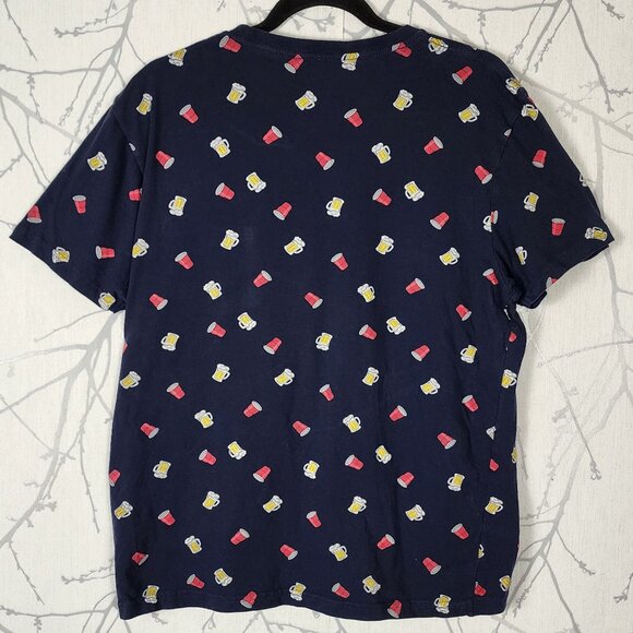 Amnesia Navy Beer Mugs Drinks Print Cotton Crewneck T-Shirt - Picture 3 of 4